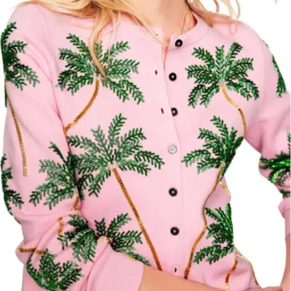 Pink Cardigan with Palm Tree Embroidery
